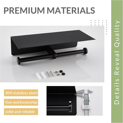 Toilet Paper Holder with Phone Shelf, APLusee SUS 304 Stainless Steel Bathroom Tissue Holder, Double Roll Paper Dispenser Wall Mounted, Matte Black