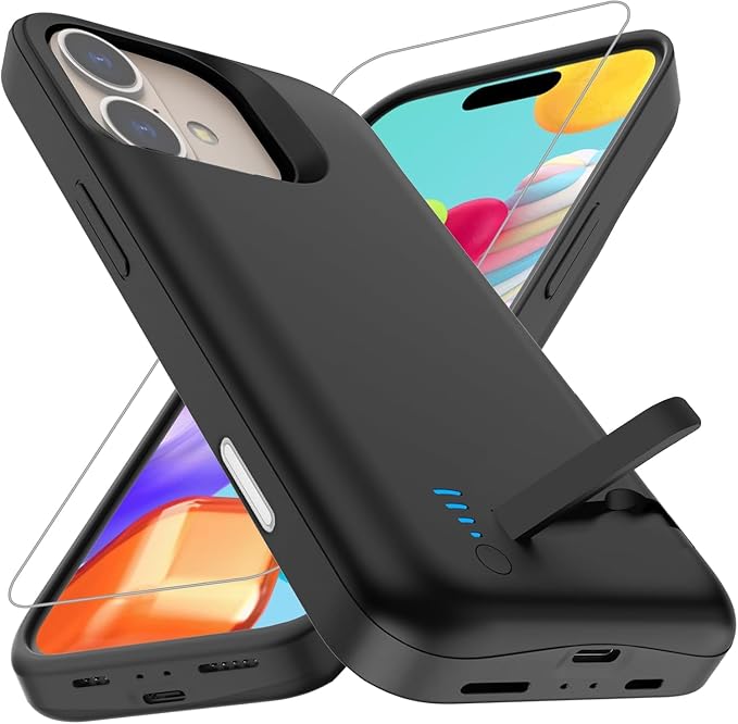 Battery Case for iPhone 16 (6.1 Inch) 8500 mAh, Slim Rechargeable Extended Charging Case, Portable Protective Phone Case with Battery Power Bank with Stand for iPhone 16 - Black