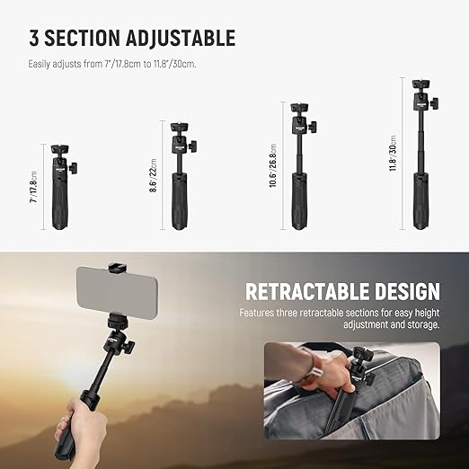 NEEWER Basics Mini Desk Selfie Stick Tripod Compatible with iPhone GoPro Insta360 DJI, Portable Small Camera Webcam Android Cell Phone Holder Ball Head Elevated Axis Video Recording Stand, TP43 Black