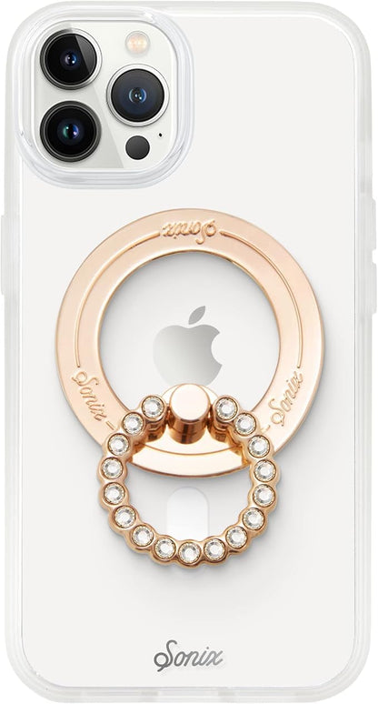 Sonix Magnetic Phone Grip and Phone Ring Holder - Compatible with MagSafe - Rotatable Kickstand and Phone Holder for iPhone 16, 15, 14, 13, 12 Series - Gold/Clear Rhinestone