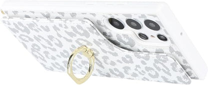 Lipvina for Samsung Galaxy S22 Ultra Case with Card Holder and Strap for Women,Crossbody Lanyard,RFID Blocking,Ring Stand,Snap Clasp,Cute Phone Wallet Cases 6.8 inch(White Leopard)