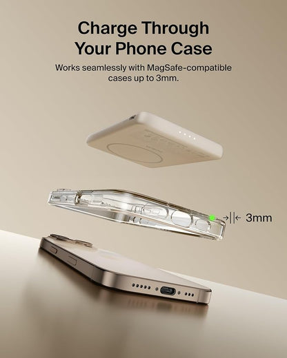 Belkin MagSafe Power Bank 5,000mAh, Ultra-Slim Portable Charger Magnetic Back Supports MagSafe Accessories On-The-Go, Wireless Battery Pack w/USB C Cable for iPhone 17, Pixel 10, Travel - Sand