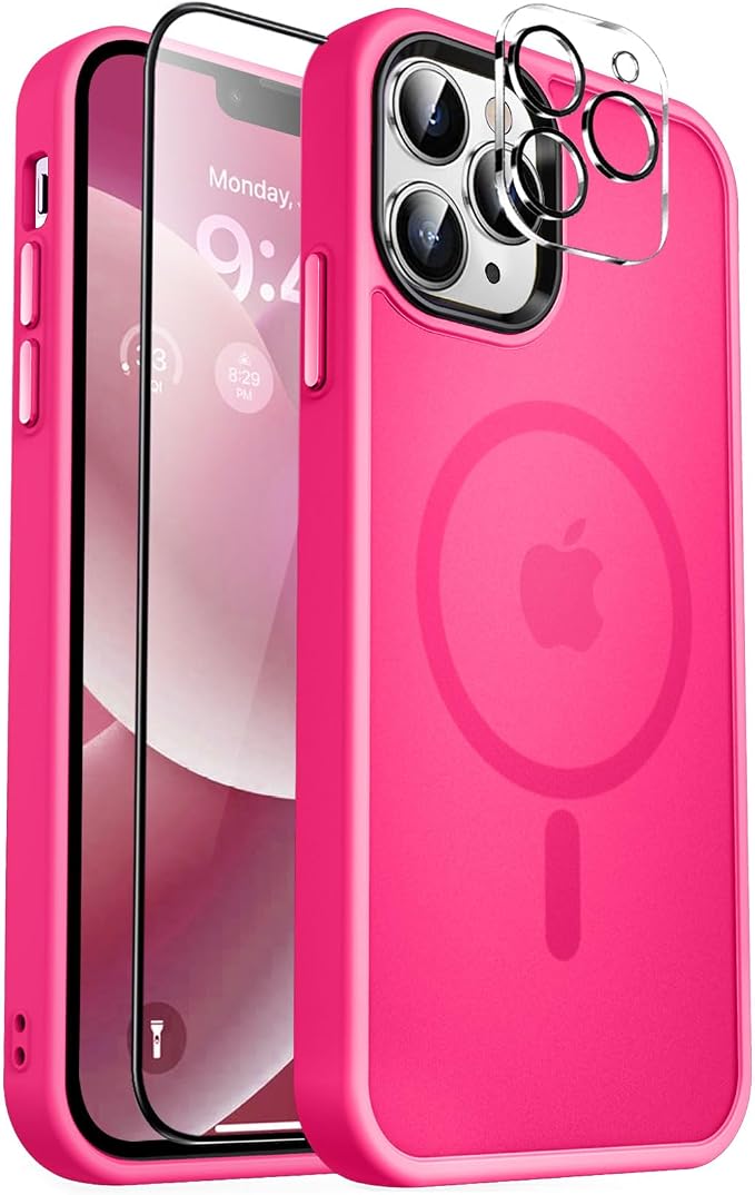 MOCCA Strong Magnetic for iPhone 12 Pro Max Case,[Compatible with Magsafe][Glass Screen Protector+Camera Lens Protector] Slim Thin Shockproof Cover Phone Case for iPhone 12 Pro Max 6.7", Hot Pink