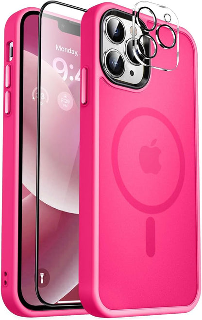 MOCCA Strong Magnetic for iPhone 12 Pro Max Case,[Compatible with Magsafe][Glass Screen Protector+Camera Lens Protector] Slim Thin Shockproof Cover Phone Case for iPhone 12 Pro Max 6.7", Hot Pink