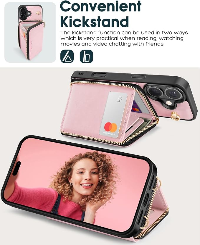 OCASE Compatible with iPhone 16 Crossbody Wallet Case with Card Holder, PU Leather Zipper Handbag Phone Purse with RFID Blocking Kickstand Wrist Strap Lanyard 6.1 Inch, Pink