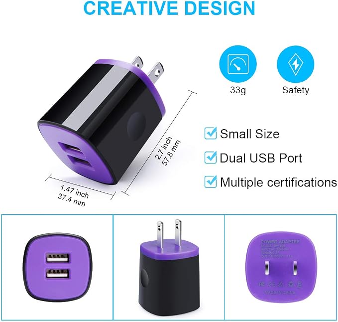 USB Wall Charger, 2Pack Travel Charging Block Dual Port USB Cube Power Adapter Wall Plug Compatible iPhone 17/16/15/14/13/12/11/Pro Max/SE/XS/XR, Samsung Galaxy S24 S23 S22 S21, Pixel 10 Pro (Purple)