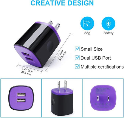 USB Wall Charger, 2Pack Travel Charging Block Dual Port USB Cube Power Adapter Wall Plug Compatible iPhone 17/16/15/14/13/12/11/Pro Max/SE/XS/XR, Samsung Galaxy S24 S23 S22 S21, Pixel 10 Pro (Purple)