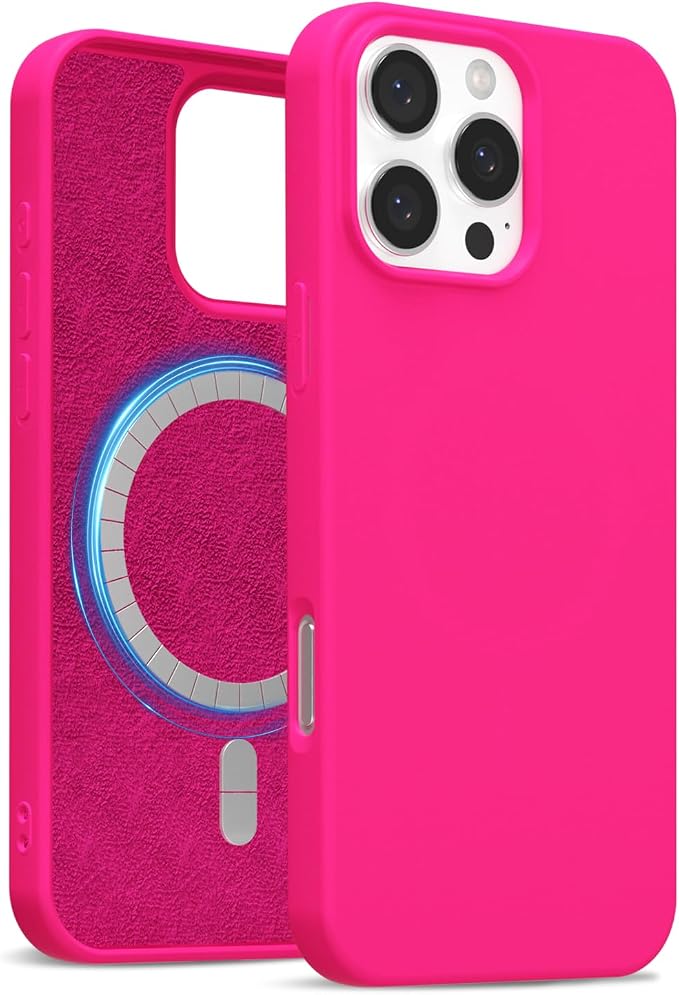 for iPhone 16 Pro Case Silicone Compatible with Magsafe Case, Ultra Slim Thin Magnetic Phone Cases Mag Safe, Cute Soft Rubber Gel TPU Matte Plain Wireless Charging Cover for Women, Hot Pink