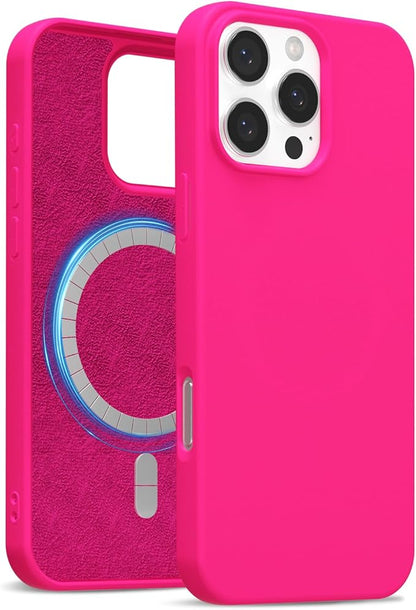 for iPhone 16 Pro Case Silicone Compatible with Magsafe Case, Ultra Slim Thin Magnetic Phone Cases Mag Safe, Cute Soft Rubber Gel TPU Matte Plain Wireless Charging Cover for Women, Hot Pink