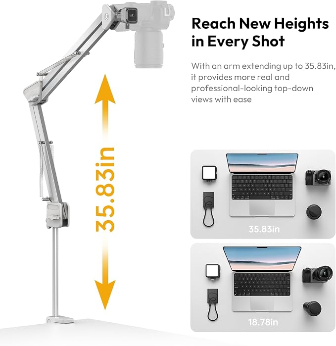 ULANZI TH04 Overhead Camera Mount with Magic Arm and 1/4" Ball Head, 360° Rotatable Camera Desk Mount, Desk Tripod with Uka Quick Release Setup for DSLR Cameras/Webcam/iPhone/Ring Light/Microphone
