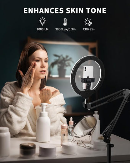 10" Ring Light Tripod for iPhone Overhead Phone Mount Holder, Flexible Ring Light with Stand - LED CRI >95 & Adjustable 70" Height, Phone Stand for Recording Video Camera Selfie Vlog TikTok YouTube