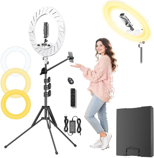 Ring Light 18" with Stand, 55w 6700K LED Light,63" Tripod,Multi-Angle Adjustable Phone Stand, for iPhone and Android Phones, CRI95, Suitable for YouTube, TikTok, Selfies (White, 18")