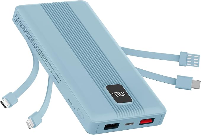 10000mAh Portable Charger with 4 Built-in Cables, 22.5W Fast Charging Power Bank, LED Display, Slim Travel Battery Pack for iPhone 17/16/15/14, Samsung Galaxy, iPad & More