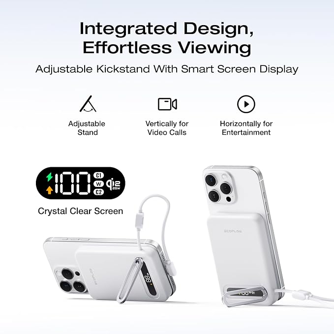 EF ECOFLOW Rapid Mag Power Bank, Qi2.2 25W MagSafe-Compatible Portable Charger, 10,000mAh Magnetic Power Charger with Built-in USB-C Cable and Foldable Stand, for iPhone 17/16/15