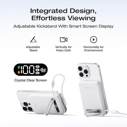 EF ECOFLOW Rapid Mag Power Bank, Qi2.2 25W MagSafe-Compatible Portable Charger, 10,000mAh Magnetic Power Charger with Built-in USB-C Cable and Foldable Stand, for iPhone 17/16/15