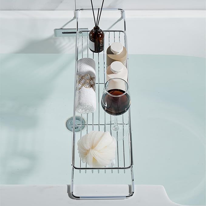 Stainless Steel Bathtub Caddy Tray, Expandable Bathtub Holder Table, Adjustable Bathroom Tray, Bath Organizer Tub Shelf,Gold,26.8~35.4in