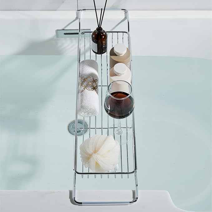 Stainless Steel Bathtub Caddy Tray, Expandable Bath Tub Tray Table, Adjustable Bathroom Tray, Bath Organizer Tub Shelf,Black,26.8~35.4in