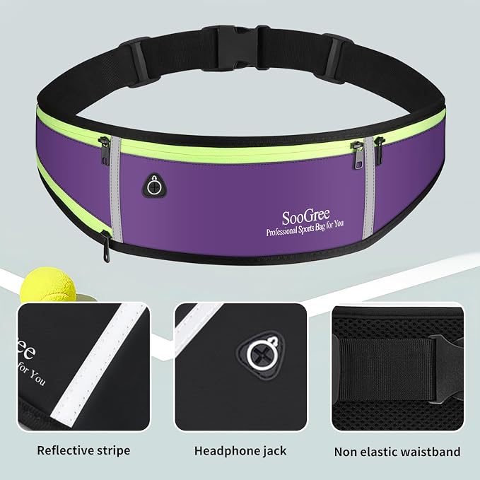 SooGree Men Women Running Belts,Slim Sport Belts,Waterproof Running Fanny Pack,Waterproof Running Waist Packs with Reflective Strip,Runner Belt for Running Walking Cycling Camping Gym (Purple)
