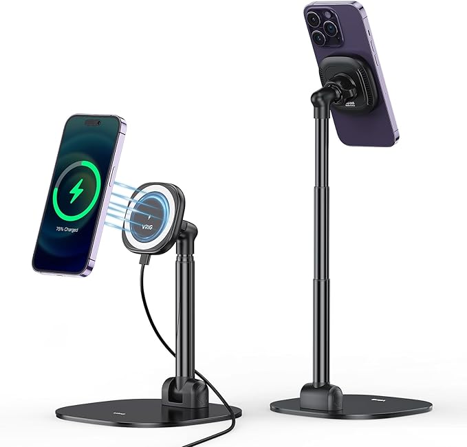 VRIG Magnetic Desk Phone Stand for Office/Home, 360°Rotation Wireless Charger Phone Holder with Magnetic Ring Height&Tilt, Adjustable Cell Phone Stand for iPhone 16 15 14 13 12 and More/Android