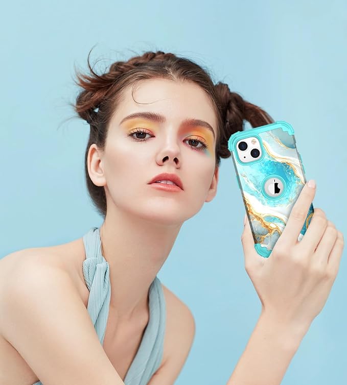 Hocase Heavy Duty Shockproof Protection Soft Silicone Rubber+Hard Plastic Bumpers Hybrid Protective Case for iPhone 13/14 (6.1") - Teal