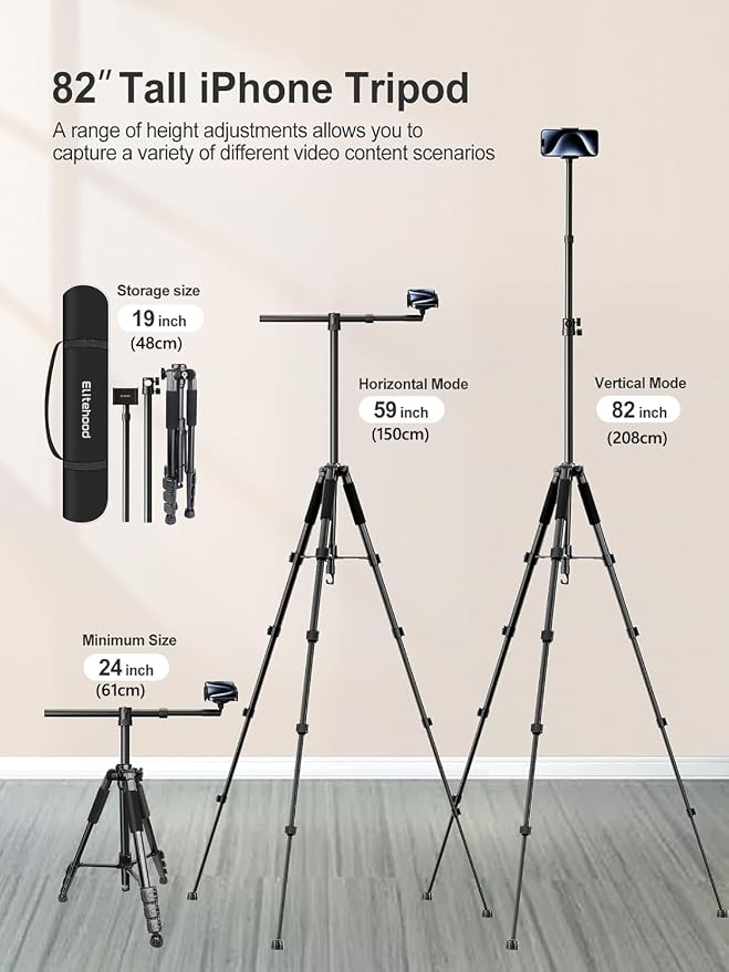 elitehood Phone Tripod for Overhead Video Recording – Updated Horizontal 59-inch Adjustable Tripod for iPhone with 25in Long Extendable Arm, 360° Rotation iPhone Stand Holder for Overhead Recording