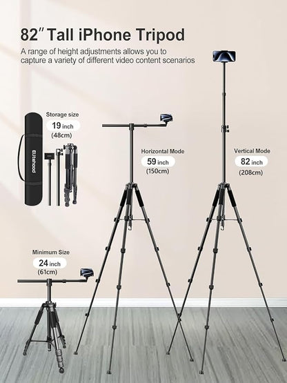 elitehood Phone Tripod for Overhead Video Recording – Updated Horizontal 59-inch Adjustable Tripod for iPhone with 25in Long Extendable Arm, 360° Rotation iPhone Stand Holder for Overhead Recording