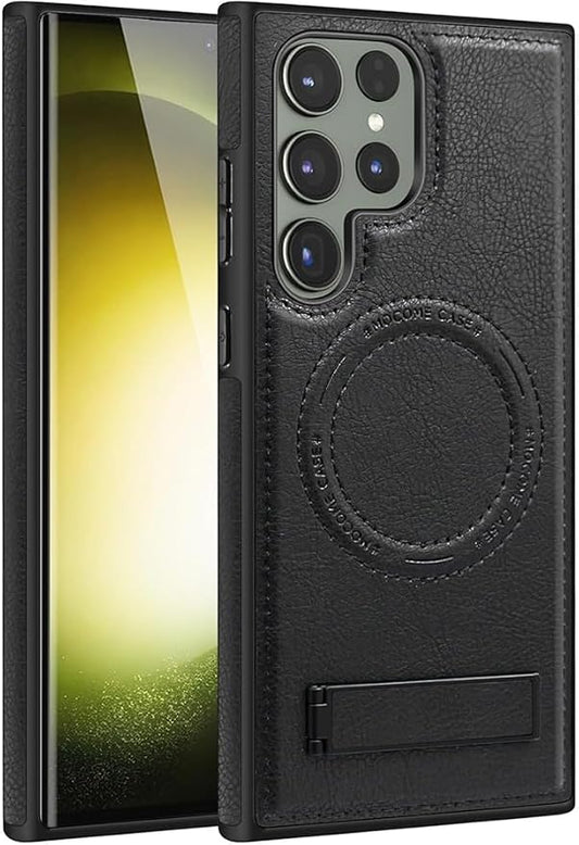 Case for Samsung Galaxy S25 Ultra/S25 Plus/S25,Magnetic Wireless Charging Phone Case with Fold Kickstand Slim Leather Cover (Black,S25PLUS)