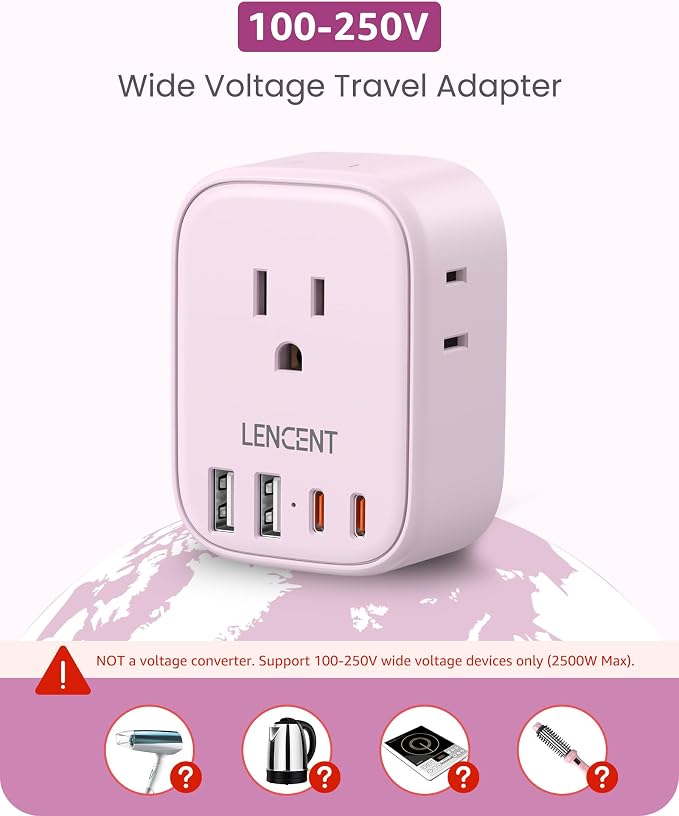 LENCENT European Travel Plug Adapter US to Europe Type-C Foldable Plug | with 4 Outlets 4 USB Ports (2 USB C), Power Adaptor for USA to EU Euro Iceland Spain Italy France Germany Greece, Pink