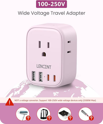 LENCENT European Travel Plug Adapter US to Europe Type-C Foldable Plug | with 4 Outlets 4 USB Ports (2 USB C), Power Adaptor for USA to EU Euro Iceland Spain Italy France Germany Greece, Pink