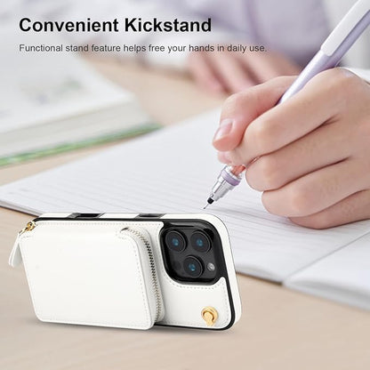 Bocasal Crossbody Wallet Case for iPhone 16 Pro Max, RFID Blocking Leather Purse Case with Card Holder, Protective Handbag Flip Cover with Zipper Wrist Strap Lanyard for Women 5G 6.9 Inch (White)