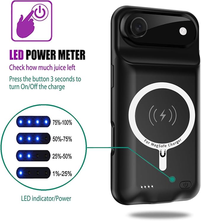Wireless Charging Case for iPhone 17 Air, 12000mAh High Capacity Portable Rechargeable Battery Case Qi Wireless Charging Compatible with iPhone Air (6.5 inch) Extended Battery Charger Cover-Black