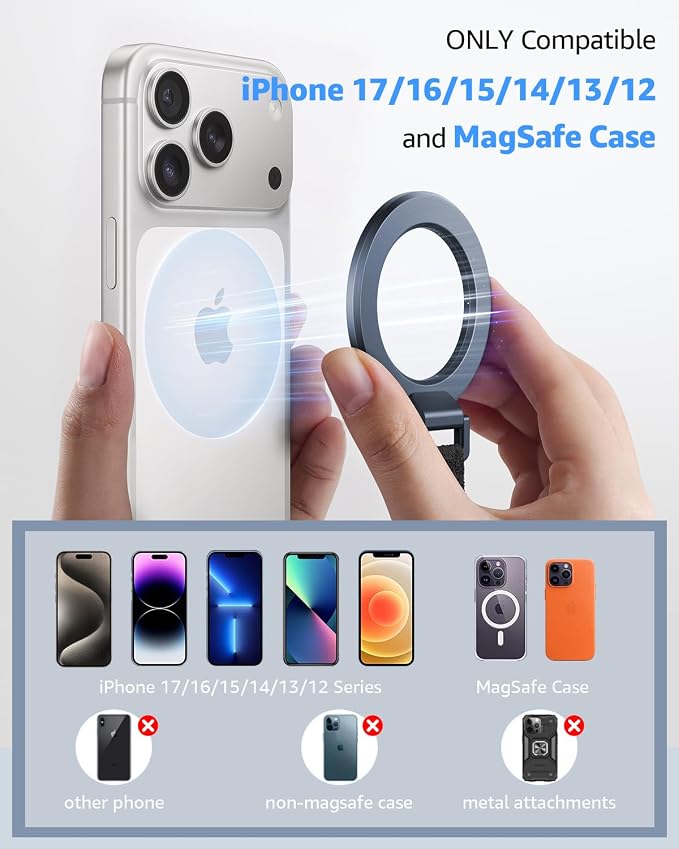 SUPERONE 2025 Upgrade for MagSafe Phone Grip with Finger Strap, Removable Magnetic Ring Holder with Kickstand Finger Loop, MagSafe Accessories for iPhone 17/16/15/14/13/12 Series, Blue