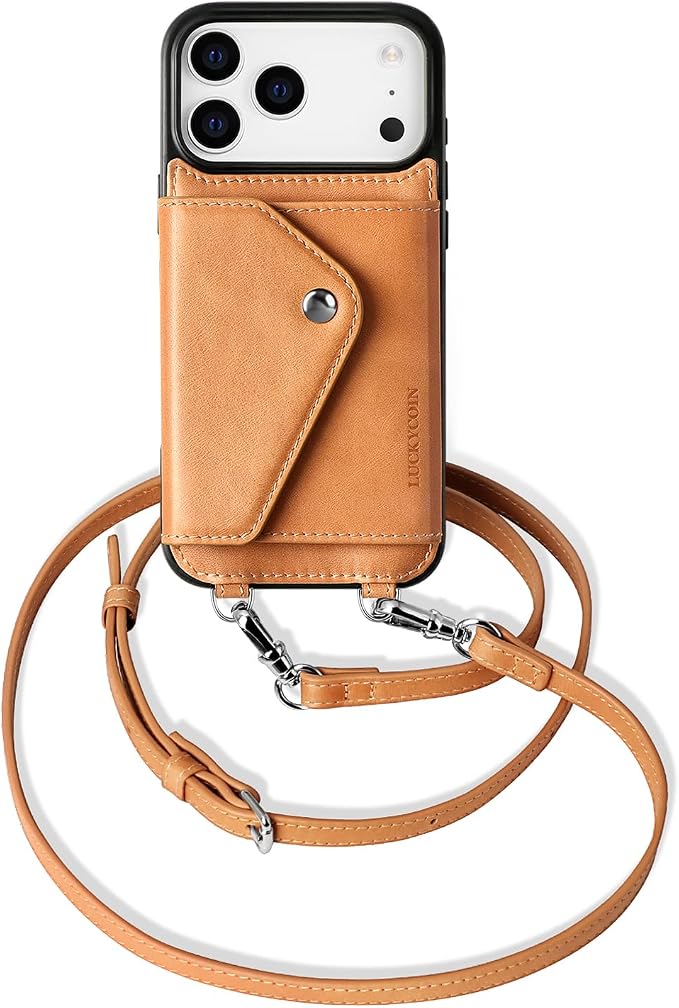 LUCKYCOIN for iPhone 17 Pro Max Crossbody Wallet Case – Genuine Leather Phone Purse with Adjustable Strap and Card Holder,Lanyard Phone Purse Case for Women,Vintage Tan