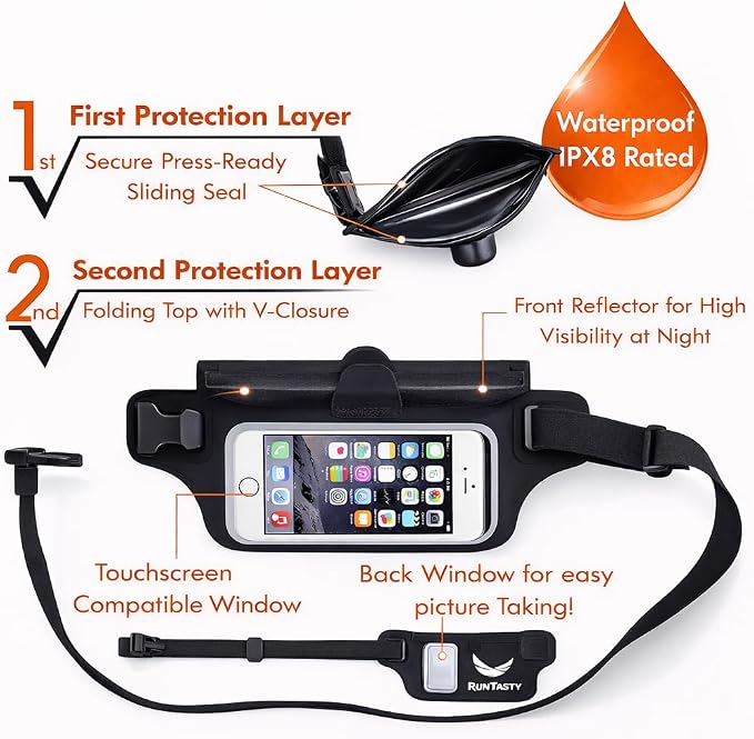 Ultimate Black Waterproof Running & Swimming Belt - Essentials Holder for Gym, Beach, Kayaking, Ski - Fits iPhone, Samsung - Touchscreen IPX8 Dry Waist Bag Pouch - Adventure-Ready Performance