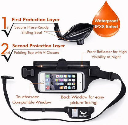 Ultimate Black Waterproof Running & Swimming Belt - Essentials Holder for Gym, Beach, Kayaking, Ski - Fits iPhone, Samsung - Touchscreen IPX8 Dry Waist Bag Pouch - Adventure-Ready Performance