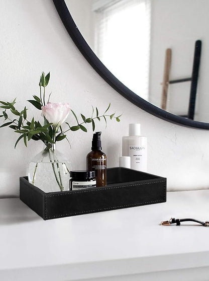 HofferRuffer Faux Leather Vanity Tray, Elegant Desktop Storage Organizer, Decorative Catchall for Perfume, Bathroom Valet, Nightstand or Dresser, Black, 10.2 x 8.4 x 1.8 Inches (Pack of 2)