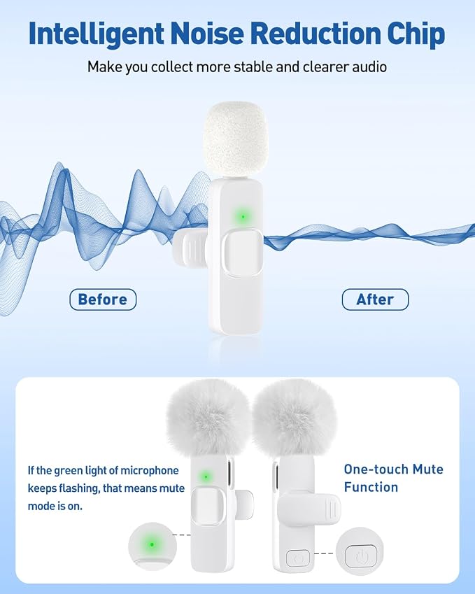 PoP voice USB C Mini Microphone for iPhone 16/15/14/Android, Wireless Lavalier Microphone with Noise Reduction, Lapel Lav Mic for Vlog YouTube TikTok Recording, 12H, 65ft (White)