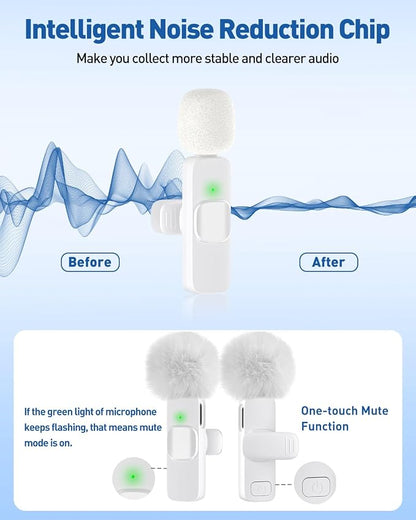 PoP voice USB C Mini Microphone for iPhone 16/15/14/Android, Wireless Lavalier Microphone with Noise Reduction, Lapel Lav Mic for Vlog YouTube TikTok Recording, 12H, 65ft (White)