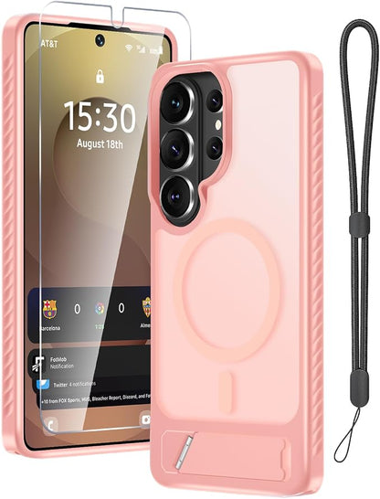 RMOCR for Samsung Galaxy S26 Ultra Case with Screen Protector+Lanyard Wrist Strap,Magnetic Translucent Matte Rugged Slim Phone Cover Built in Invisible Kickstand [Fit for MagSafe],2026 Cute Pink