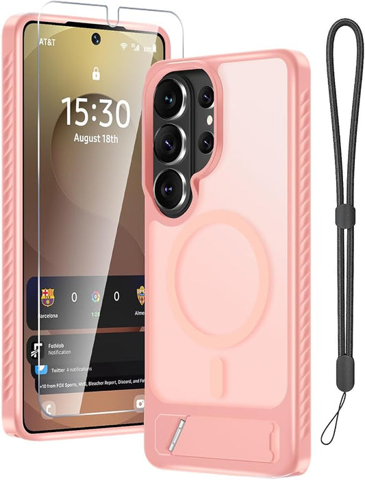 RMOCR for Samsung Galaxy S26 Ultra Case with Screen Protector+Lanyard Wrist Strap,Magnetic Translucent Matte Rugged Slim Phone Cover Built in Invisible Kickstand [Fit for MagSafe],2026 Cute Pink