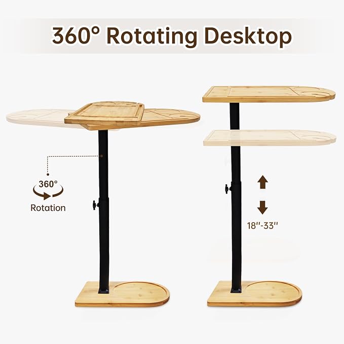 C Shaped End Table for Couch,360° Swivel Height Adjustable Couch Side Table,Thickened Base Plate,Sofa Tray with Cell Phone & Tablet Slot,C-Shaped Drink Table for Sofa/Bed/Bathtub