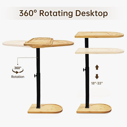C Shaped End Table for Couch,360° Swivel Height Adjustable Couch Side Table,Thickened Base Plate,Sofa Tray with Cell Phone & Tablet Slot,C-Shaped Drink Table for Sofa/Bed/Bathtub