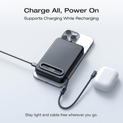 EF ECOFLOW Rapid Mag Power Bank, Qi2.2 25W MagSafe-Compatible Portable Charger, 10,000mAh Magnetic Power Charger with Built-in USB-C Cable and Foldable Stand, for iPhone 17/16/15