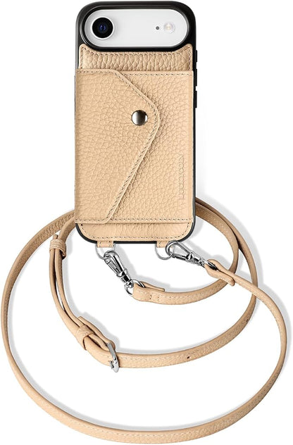 LUCKYCOIN for iPhone Air Crossbody Wallet Case – Genuine Leather Phone Purse with Adjustable Strap and Card Holder,Lanyard Phone Purse Case for Women,Pebble Grain Beige