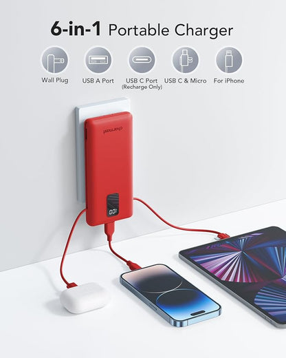 charmast Portable Charger,Power Bank Built-in Cables and AC Wall Plug,10000mAh USB C Fast Charging,External Battery Pack Slim,Travel Essentials Compatible with iPhone,iPad,Samsung,Android