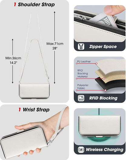 OCASE for iPhone 17 Pro Max Crossbody Wallet Case - Stylish PU Leather Handbag Phone Purse with Zipper Closure, Card Slots & RFID Blocking - Wrist Strap, Lanyard, Kickstand - Cream