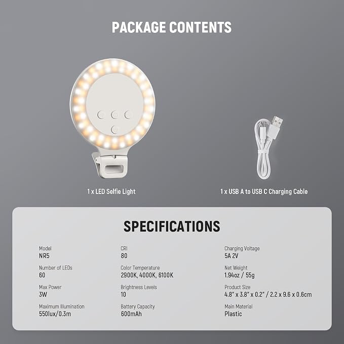 NEEWER Entry Level Version 3.8" Ring Light, 3W Clip on Phone Selfie Lighting for iPhone Laptop Desk Computer Webcam Video Conference Zoom Vlog Recording Streaming Makeup, 3 Modes CRI80 600mAh, NR5