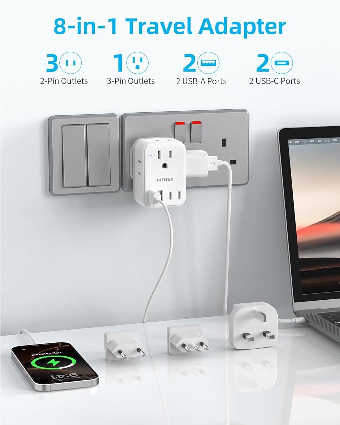 European Travel Plug Adapter Set, 8-in-1 Travel Adapter with 4 Outlets | Universal Travel Adapter, 4 USB Ports (2 USB C), Type G/C/L Detachable Plugs, US to EU/UK Italy, International Power Adapter