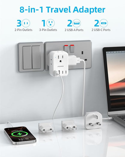 European Travel Plug Adapter Set, 8-in-1 Travel Adapter with 4 Outlets | Universal Travel Adapter, 4 USB Ports (2 USB C), Type G/C/L Detachable Plugs, US to EU/UK Italy, International Power Adapter