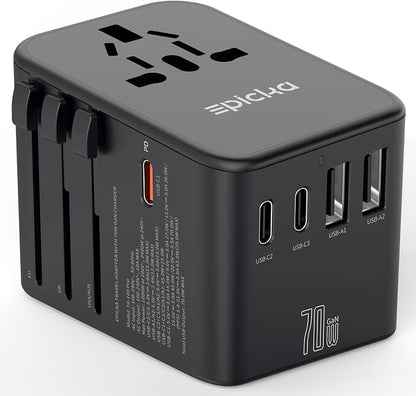EPICKA Universal Travel Adapter, GaN International Plug Adapter with 3 USB-C 70W PD Fast Charging & 2 USB-A Adaptor All-in-one Wall Charger for USA EU UK AUS (TA-105 Pro, Black)